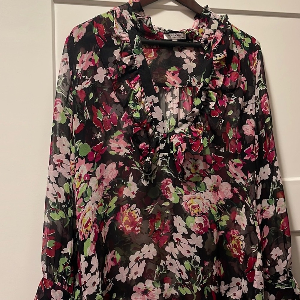Equipment Black and Pink Floral Blouse